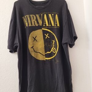 NIRVANA Black Tee with Gold Smiley Design